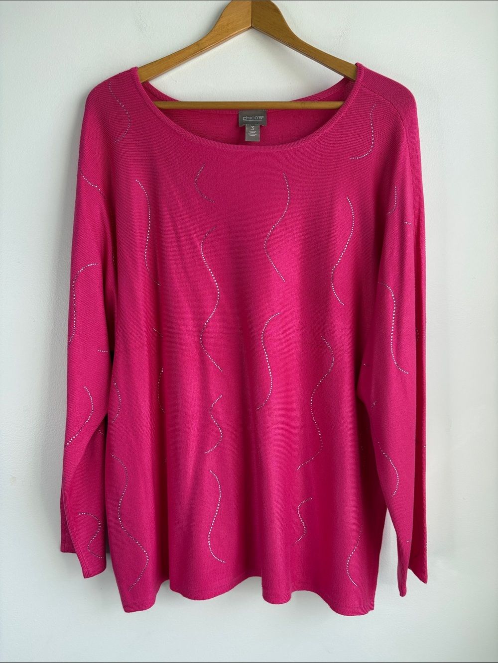 Chico's Fuchsia Long-Sleeve Scoop Neck Oversized Tunic Sweater with Rhinestones